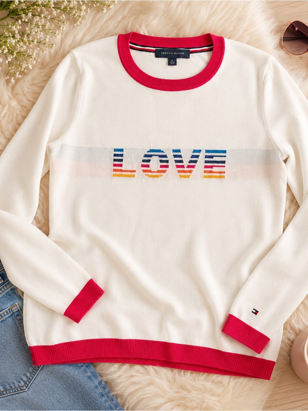 Tommy Hilfiger Rainbow LOVE Crewneck Sweater White Long Sleeve Knit Medium - Picture 12 of 12